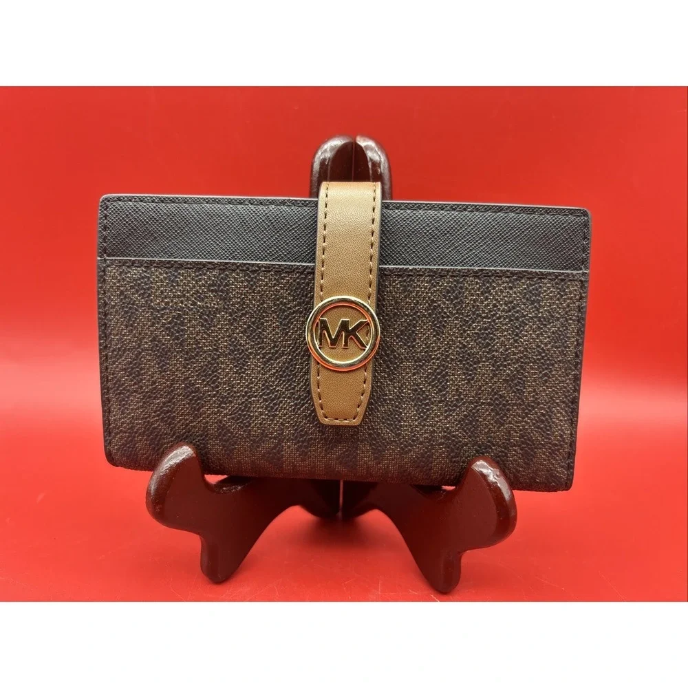 Michael Kors Greenwich Women Medium Signature MK Logo Bifold CZ Wallet Brown
